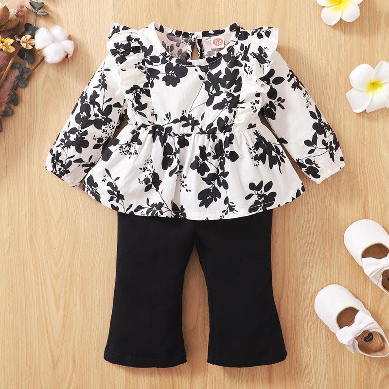 Toddler Kids Girls Floral Print Long-sleeved Tops Flared Pants Set - PrettyKid