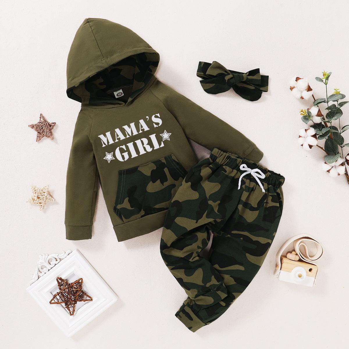 Toddler Kids Girls Solid Letter Printed Long Sleeve Top Camouflage Pants Set - PrettyKid