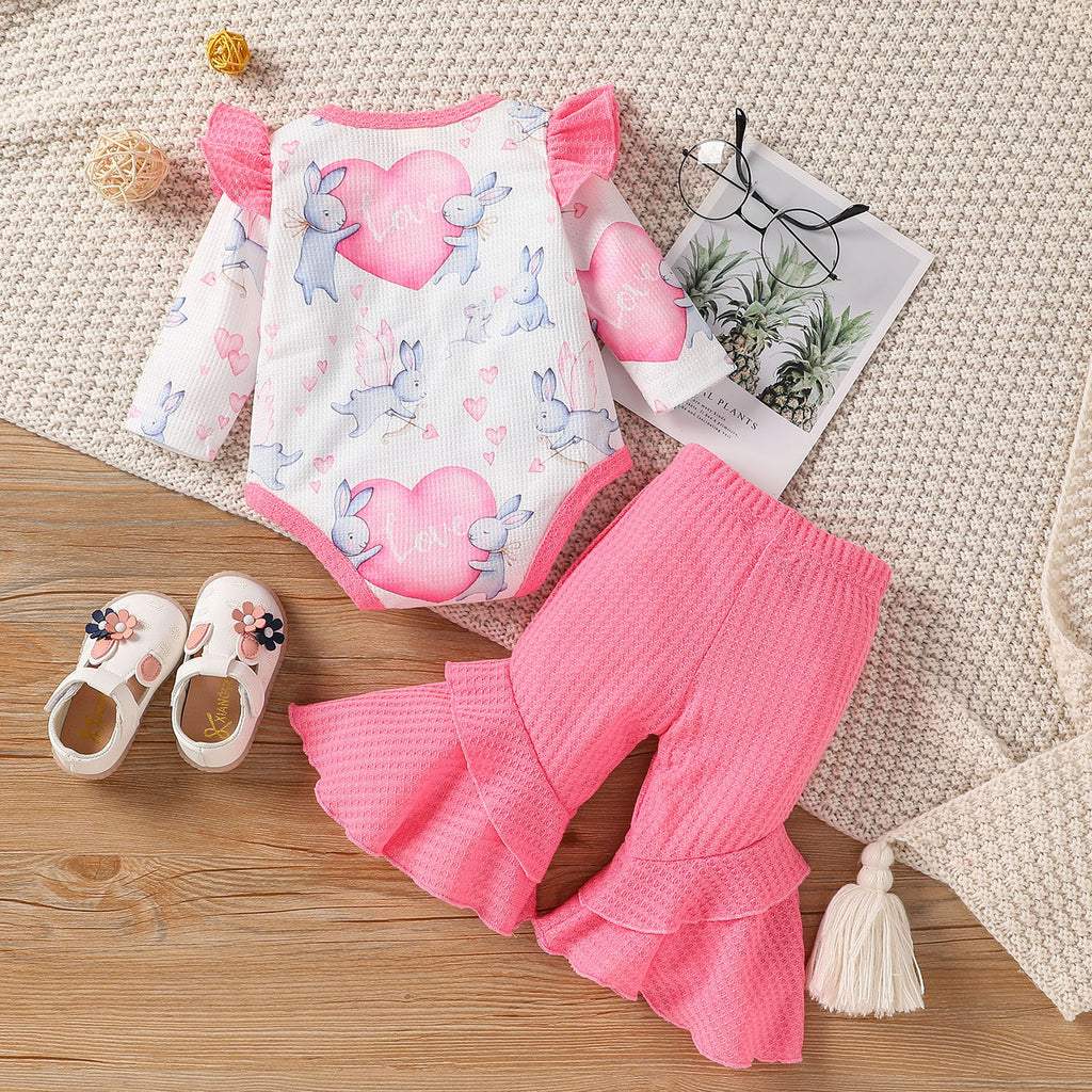 Baby Girls Cute Rabbit Print Long-sleeved Jumpsuit Solid Color Bow Flared Pants Set - PrettyKid
