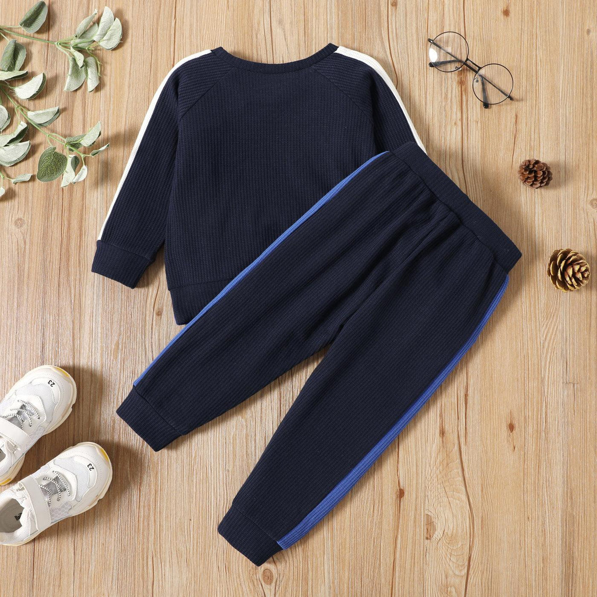 Toddler Kids Boys Solid Color Striped Round Neck Long Sleeve Suit - PrettyKid
