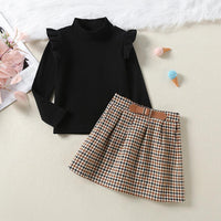 Toddler Kids Girls' Black Sweater Plaid Skirt Two Piece Set - PrettyKid