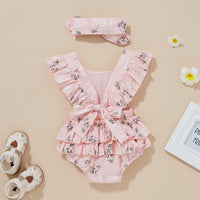 Baby Girls Solid Cotton Floral Print Fly Sleeveless Bodysuit Butterfly Tie Set - PrettyKid