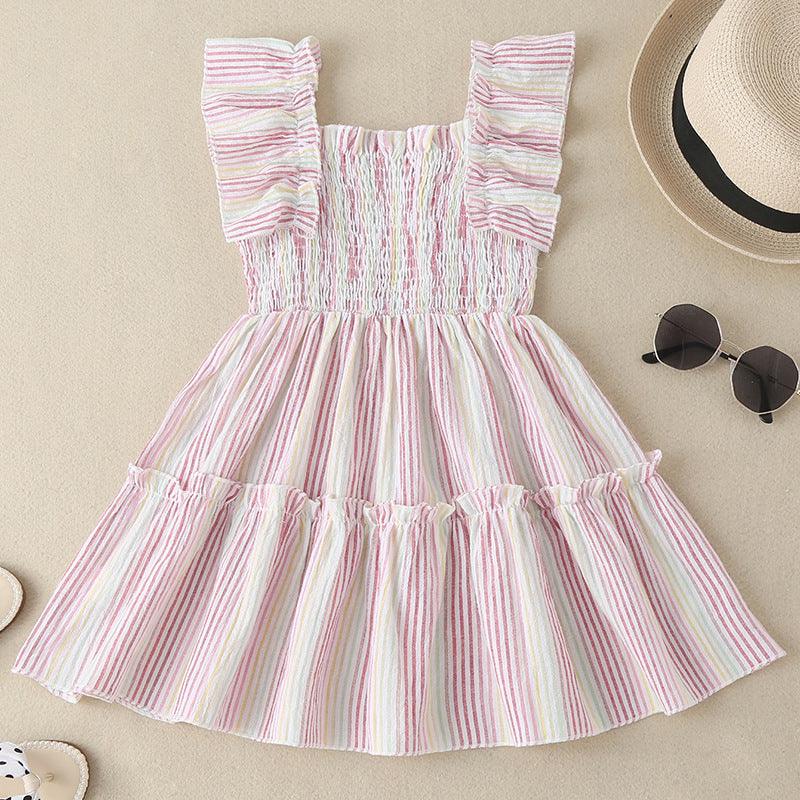 Girls Summer Solid Striped Sleeveless Pleated Dress - PrettyKid