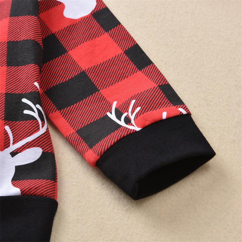 Children Cartoon Deer Head Christmas Print Plaid Long Sleeve Christmas Suit - PrettyKid