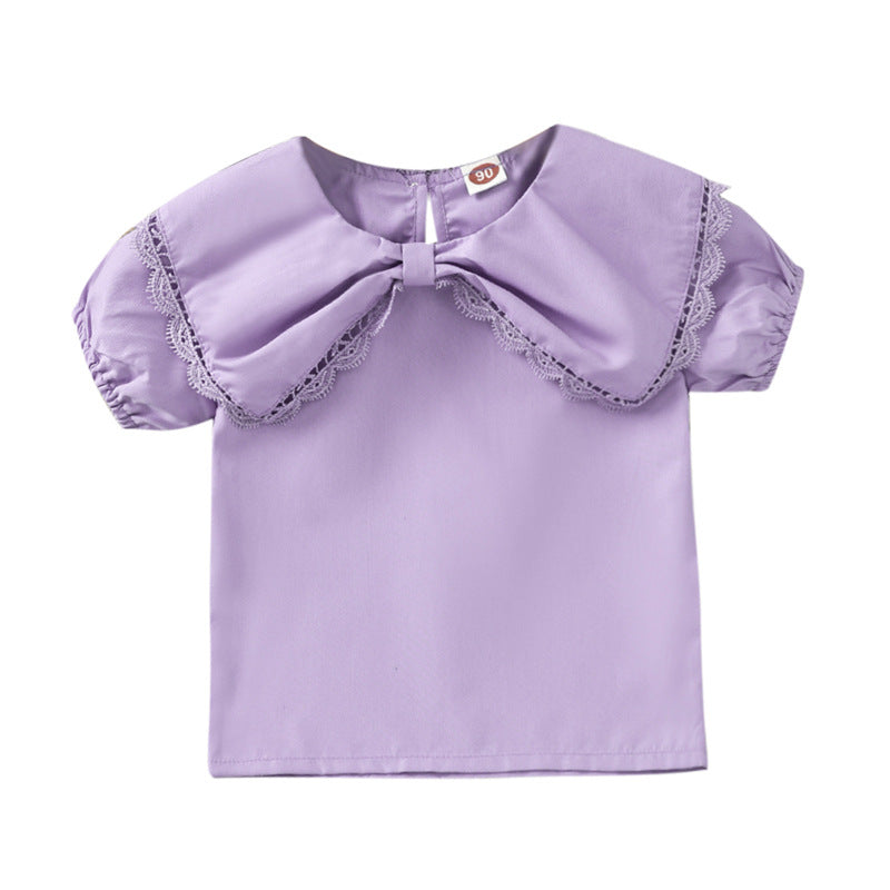 Toddler Kids Girl Solid Color Bow Doll Neckline Short Sleeve Shirt Top - PrettyKid
