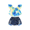 Toddler Kids Girls Color Tie Dyed Off Shoulder Top with Holes Denim Shorts Set - PrettyKid