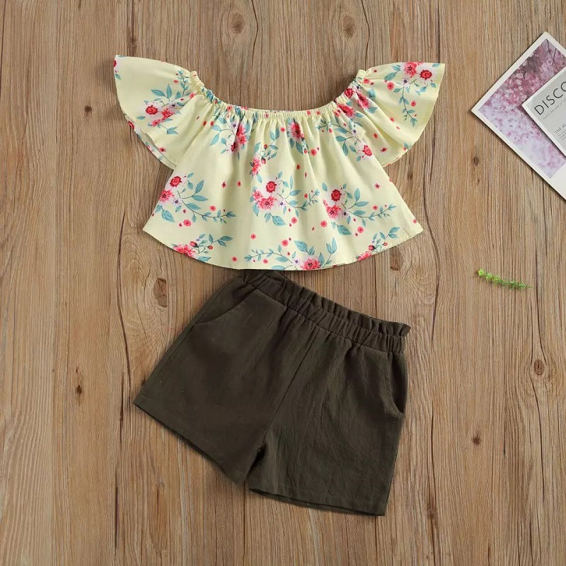 Toddler kids girls' floral print Ruffle short sleeve top and shorts two piece set - PrettyKid