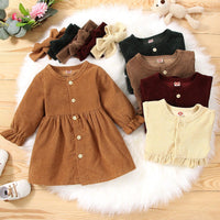 Toddler Kids Girls Solid Color Long Sleeve Button Dress Hairband Two Piece Set - PrettyKid