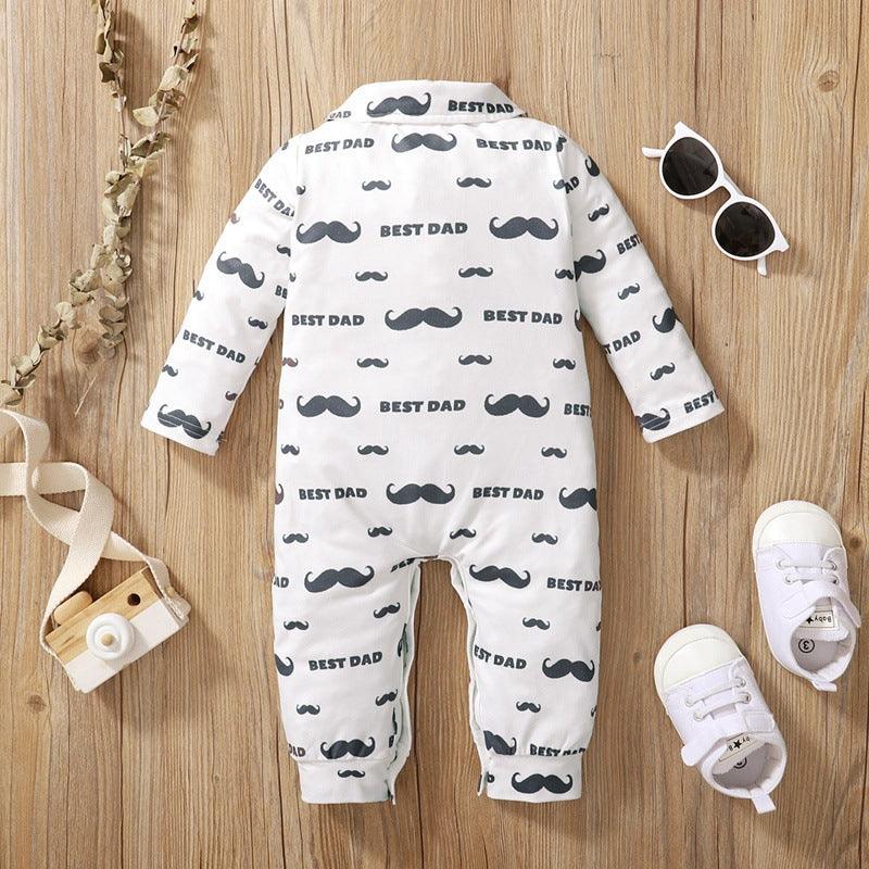 Baby Boys Cartoon Beard Print Bow Tie Bow Tie Long-sleeved Jumpsuit - PrettyKid