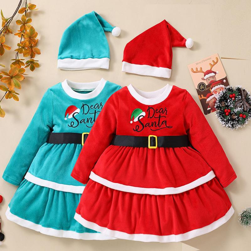 Toddler Girls Solid Color Christmas Print Long Sleeve Suede Princess Dress - PrettyKid