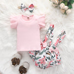 Baby Girls Solid Color Short Sleeve Round Neck Top Flower Print Suspender Bow Strap Shorts Set - PrettyKid