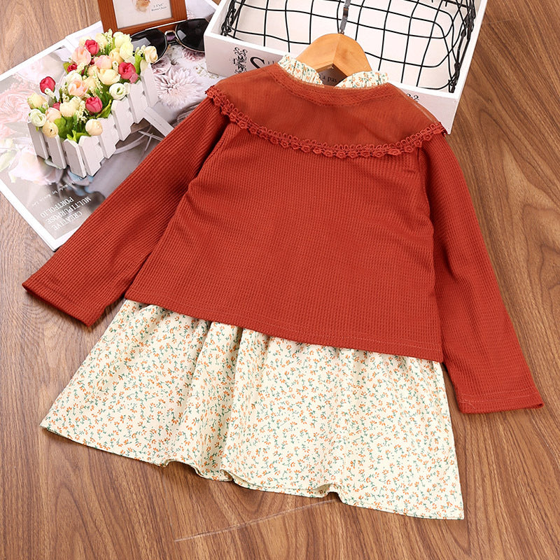 Toddler Kids Girls Floral Print Long-sleeved Dress Solid Color Cardigan Coat Set - PrettyKid