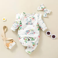 Newborn Cartoon Elephant Printed Long Sleeve Jumpsuit Hair Accessories Two Piece Set - PrettyKid