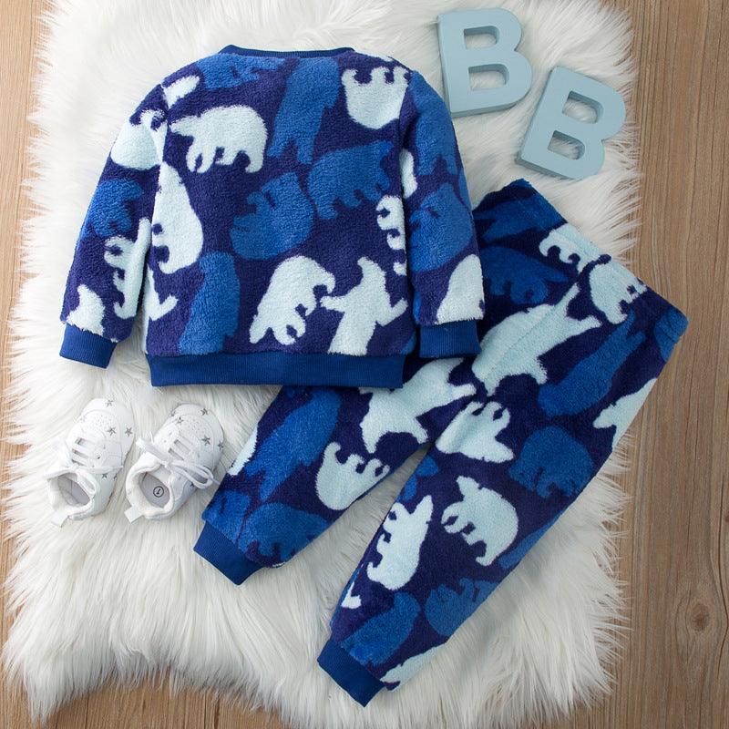 Toddler Kids Boys Cartoon Polar Bear Printed Long Sleeve Pants Flannel Suit - PrettyKid