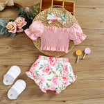 Bubble Sleeve Bow Top Printed Shorts+hair Band Three-piece Suit