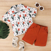 Boys' Summer Korean Animal Print Lapel Short-sleeved Shirt Fashion Shorts Two-piece Suit