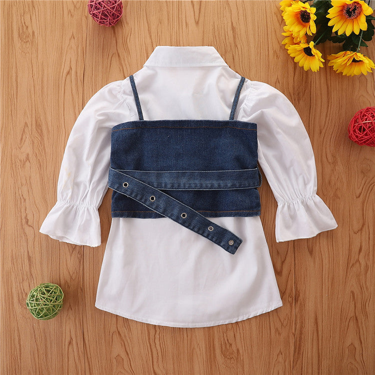 Toddler Kids Girls Dress White Long Sleeved Shirt Skirt Cowboy Suspender Vest Suit Trendy Girl Clothes Wholesale - PrettyKid