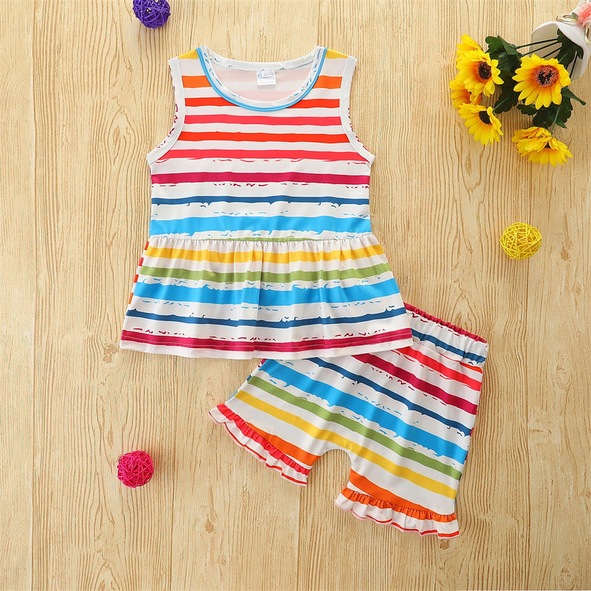Toddler Kids Girls Color Stripe Printed Sleeveless Vest and Shorts Set - PrettyKid