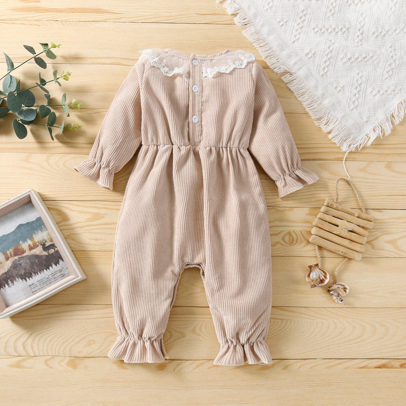 Baby Girls Corduroy Lace Neckline Solid Color Long-sleeved Jumpsuit - PrettyKid