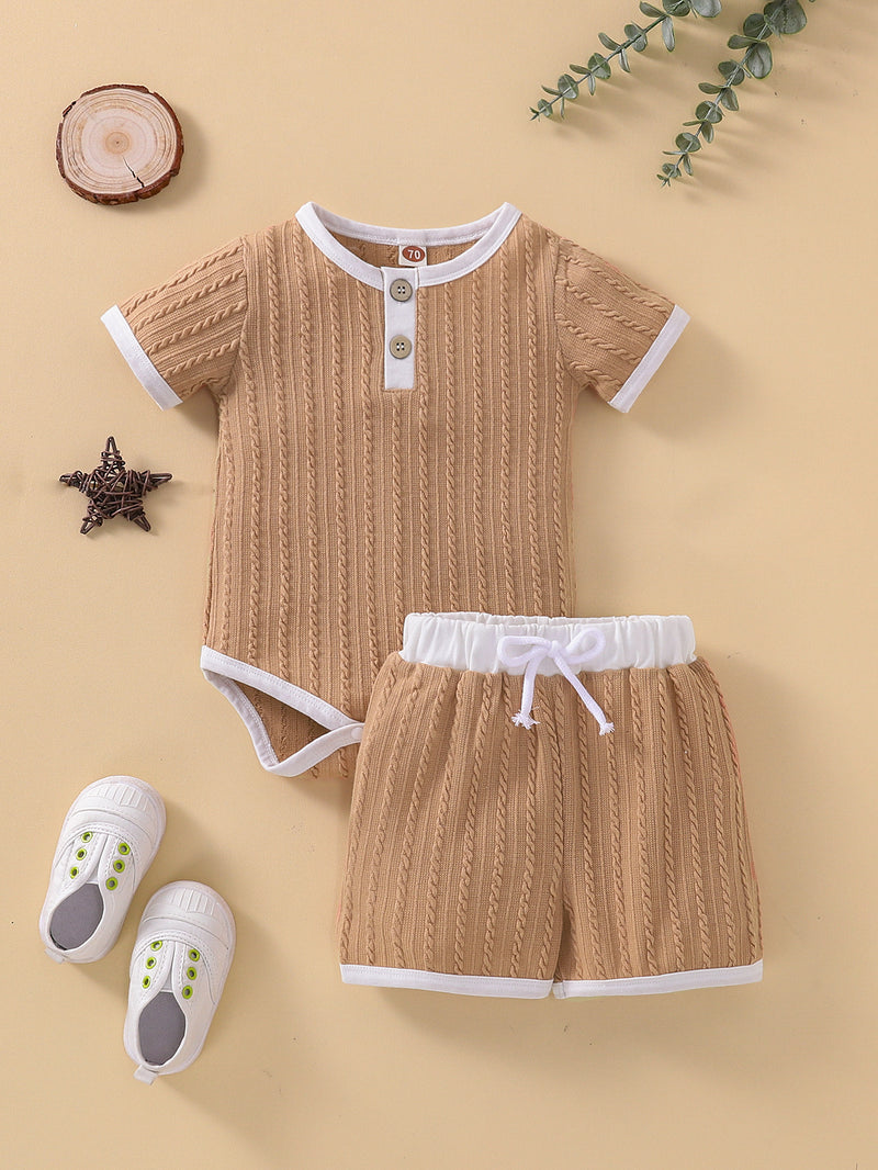 Baby Boys Girls Summer Solid Color Contrast Cotton Short Sleeve One-piece Suit - PrettyKid