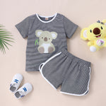 Toddler Kids Solid Colour Cartoon Koala Short Sleeve Striped Top Shorts Set - PrettyKid