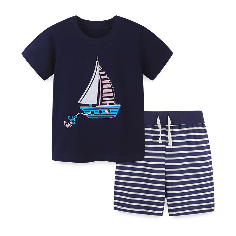 Toddler Kids Boys Solid Color Cartoon Sailboat Embroidery Short Sleeve T-shirt Stripe Shorts Set - PrettyKid