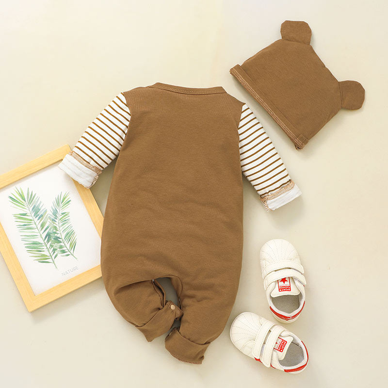 Baby Boys Long Sleeve Striped Cute Bear One-piece Suit Hat Set - PrettyKid