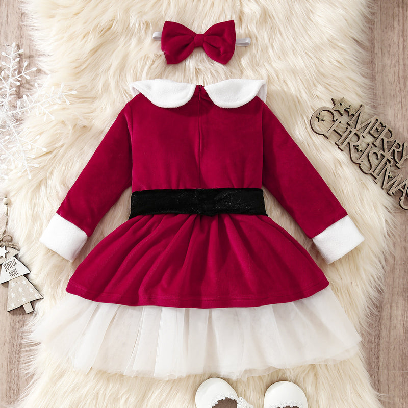 Toddler Kids Girls Solid Color Lapel Long Sleeve Mesh Stitching Christmas Dress - PrettyKid