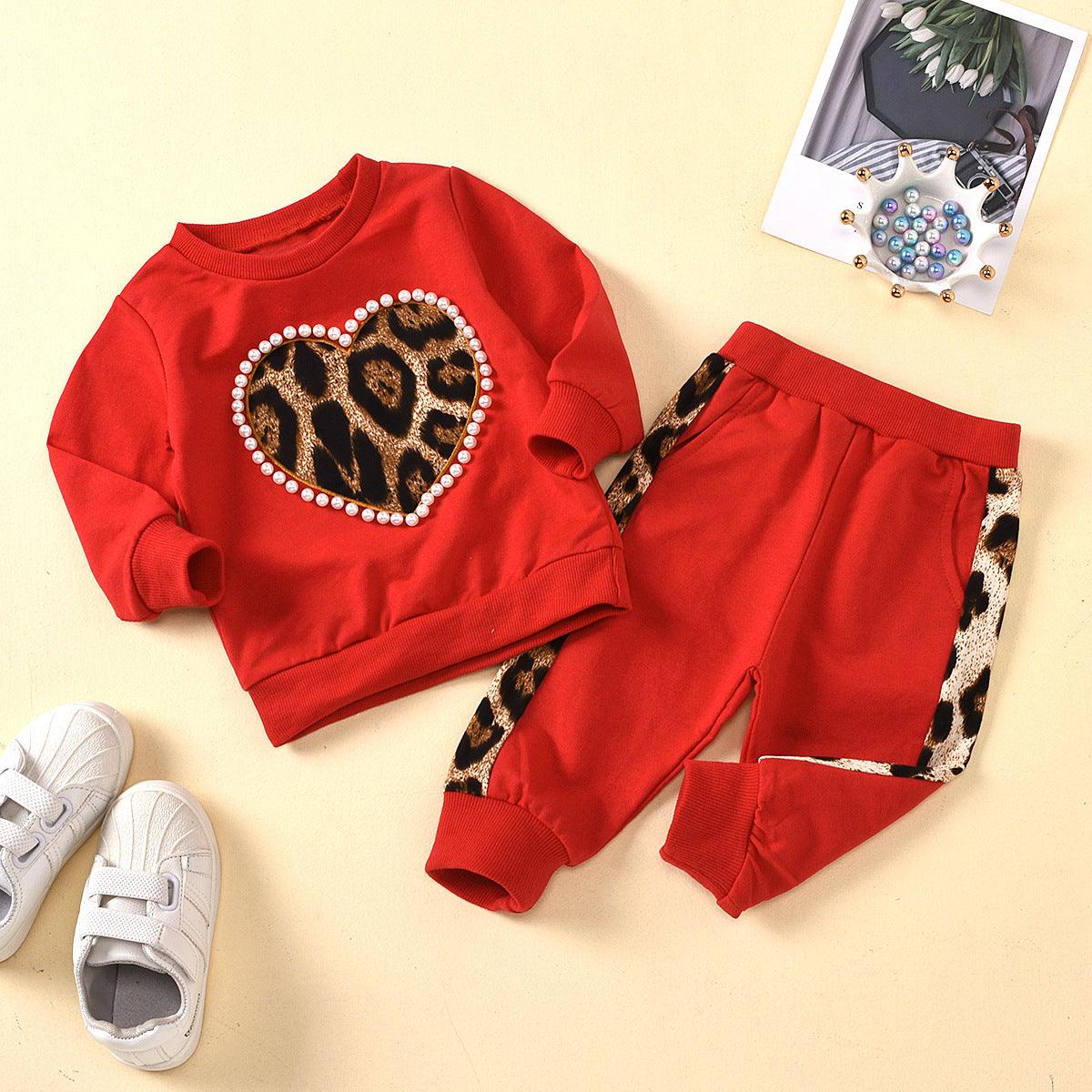 Children Girls Love Leopard Long Sleeved Sweater Pants Set - PrettyKid