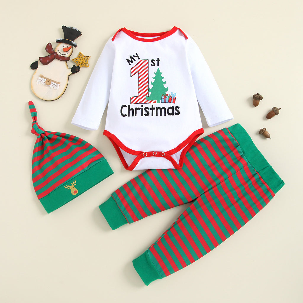 Baby Christmas Clothes Long Sleeved Jumpsuit Striped Trousers Hat Three Piece Set - PrettyKid
