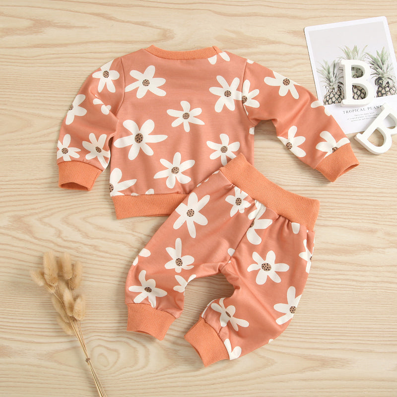 Toddler Girls Orange Flower Print Long Sleeve Suit - PrettyKid