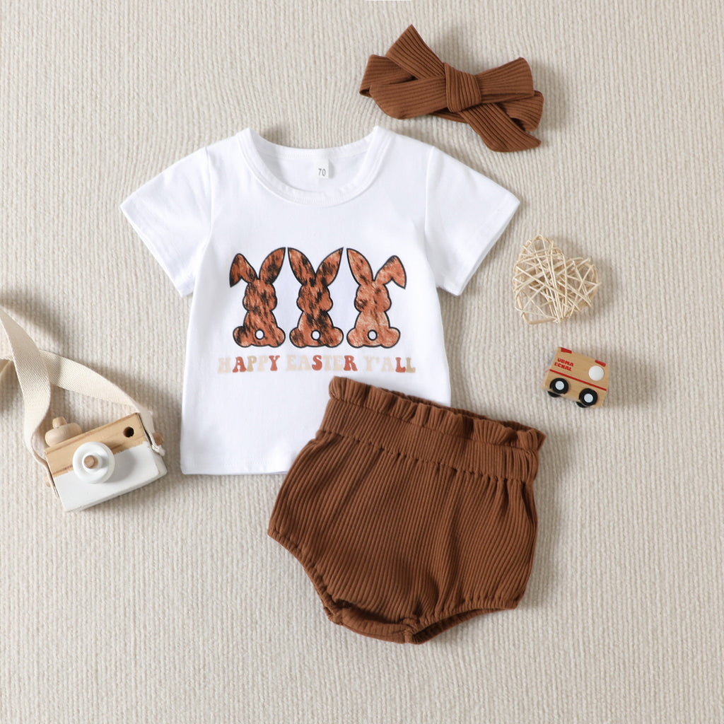 Summer 2023 Children's Clothing Animal Print Short Sleeve+fart Pants Easter Three Piece Set - PrettyKid