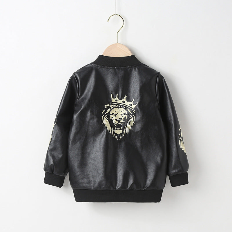 Toddler Kids Boys Solid Color Lion Print PU Leather Jacket Jacket - PrettyKid