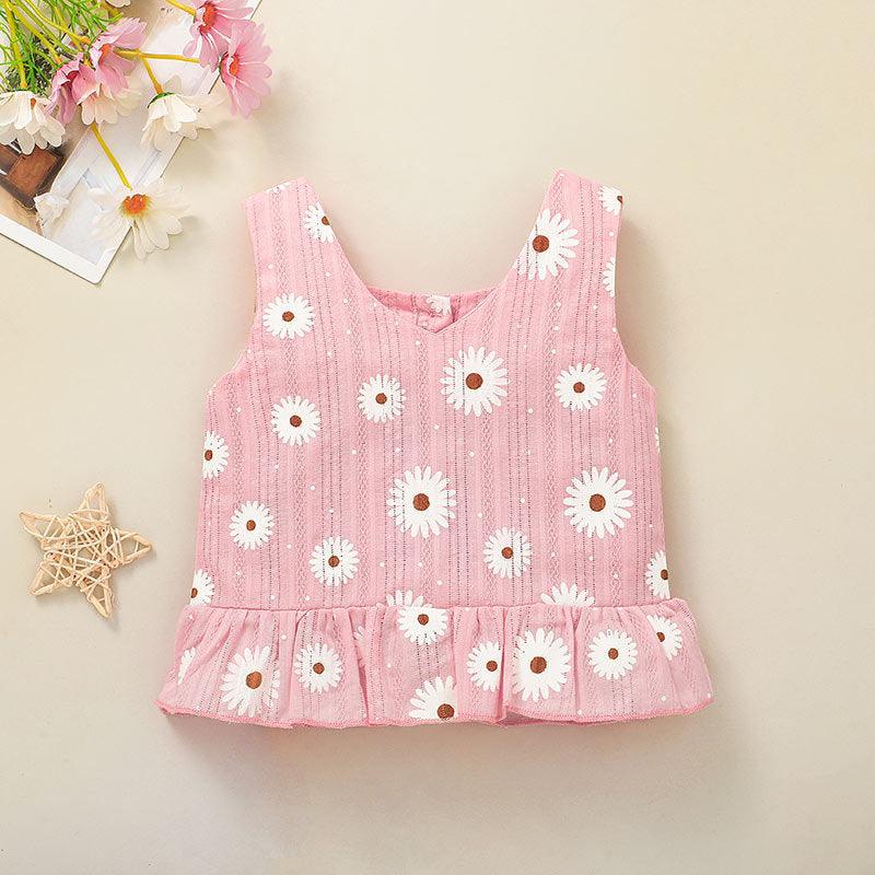 Toddler Girls Summer Solid Flower Print Vest Top Shorts Set - PrettyKid