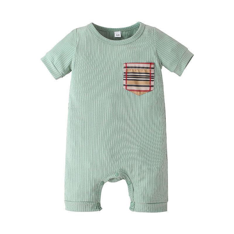 Baby Boys Summer Solid Plaid Print Pocket Short Sleeve Jumpsuit - PrettyKid