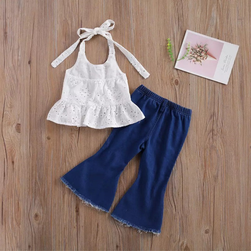 Kids Girls' Sling Sleeveless Hollow Vest Split Loose Flared Trousers Set Wholesale Little Girl Clothing - PrettyKid