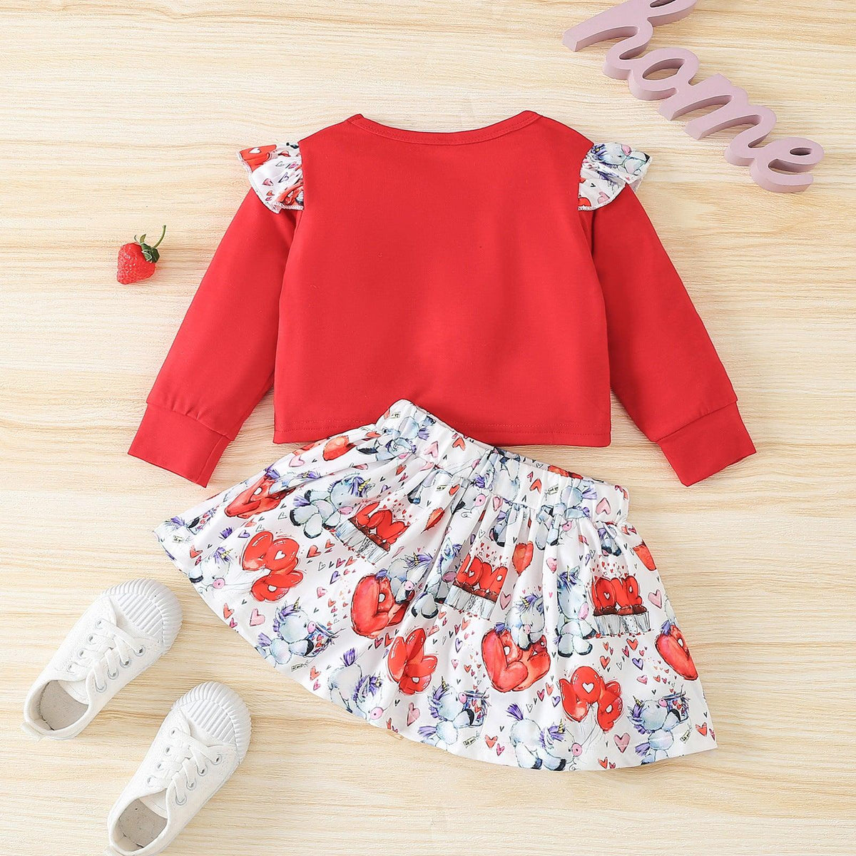 Toddler Kids Girl Solid Letter Love Print Long Sleeve T-Shirt Short Skirt Valentine's Day Set - PrettyKid