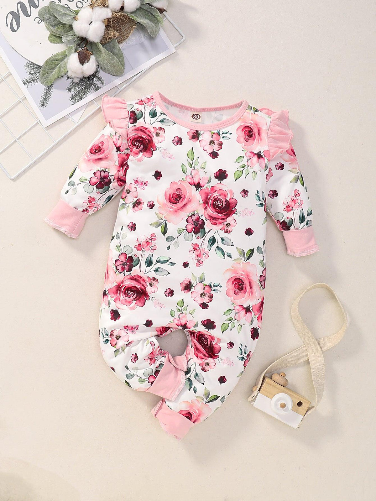 Baby Girls' One-piece Clothes Autumn and Winter Infant Children's Long Sleeved Rose Printed Ha Clothes Flower One-piece Climbing Clothes - PrettyKid