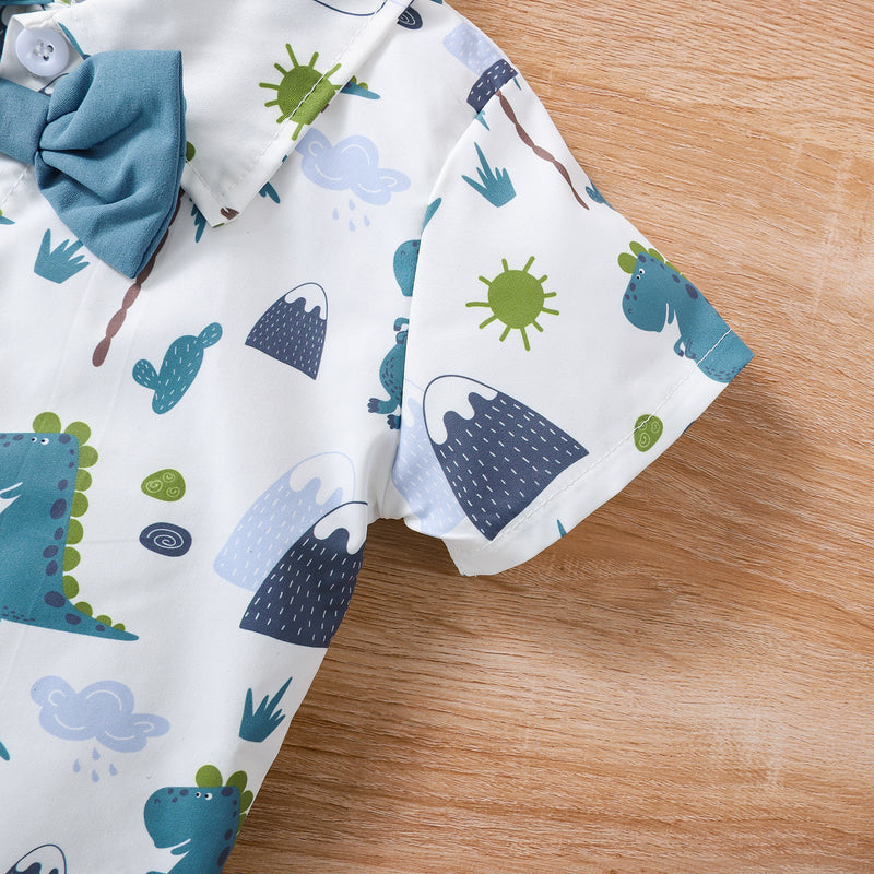 Toddler Boys Cartoon Dinosaur Print Short Sleeve Shirt Solid Shorts Set - PrettyKid
