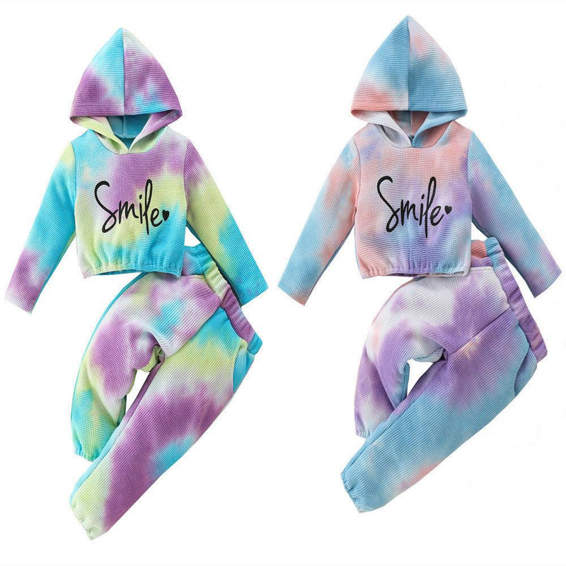 Toddler Kids Girls' Letter Printed Tie Dyed Hoodie Long Sleeve Set - PrettyKid