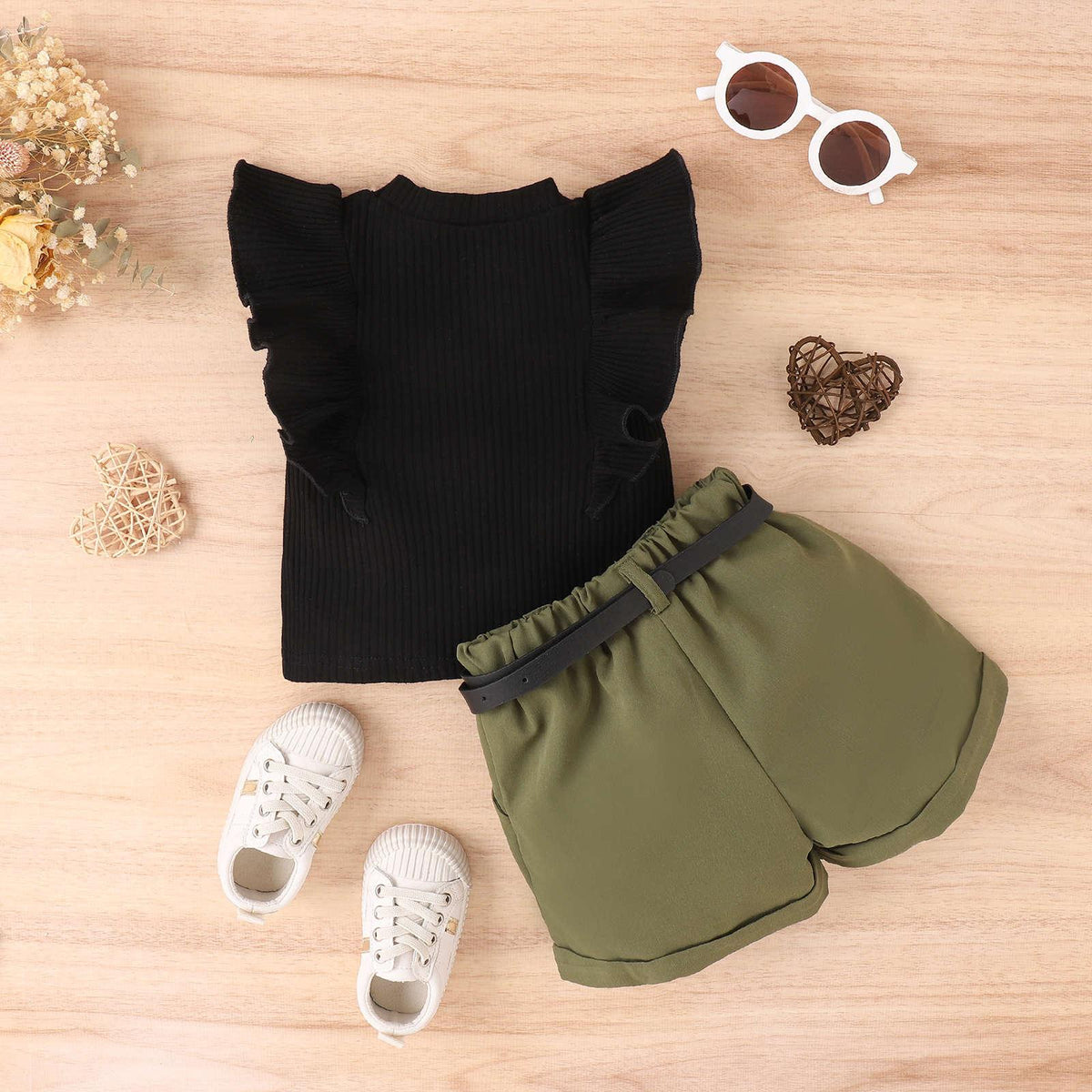 Spring and Summer Cotton Pit Strip Flying Sleeve Top Solid Color Shorts with Waist Bag Girls Suit