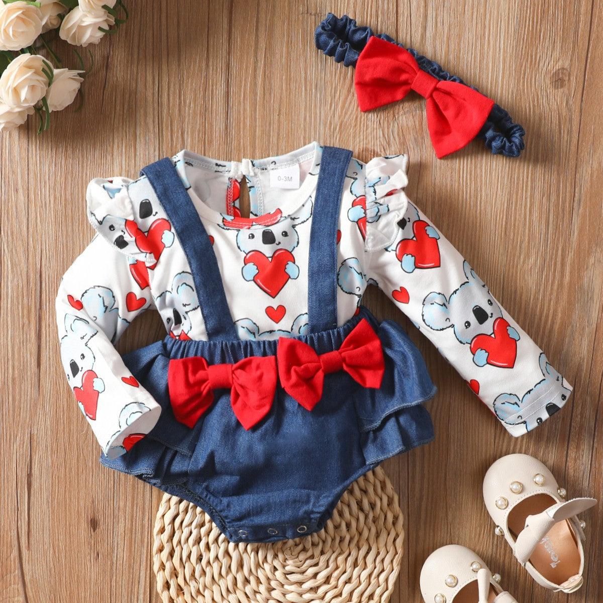 Toddler Boys Girls Cartoon Koala Love Printed Top Denim Strap Bow Pants Set - PrettyKid