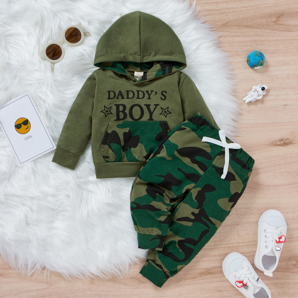 Baby Boys Solid Letter Print Hoodie Camouflage Pants Set - PrettyKid