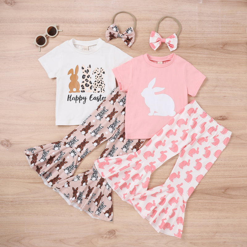 Girls' Bunny Printed Short-sleeved Flared Trousers with Hair Band Girls' Three-piece Suit