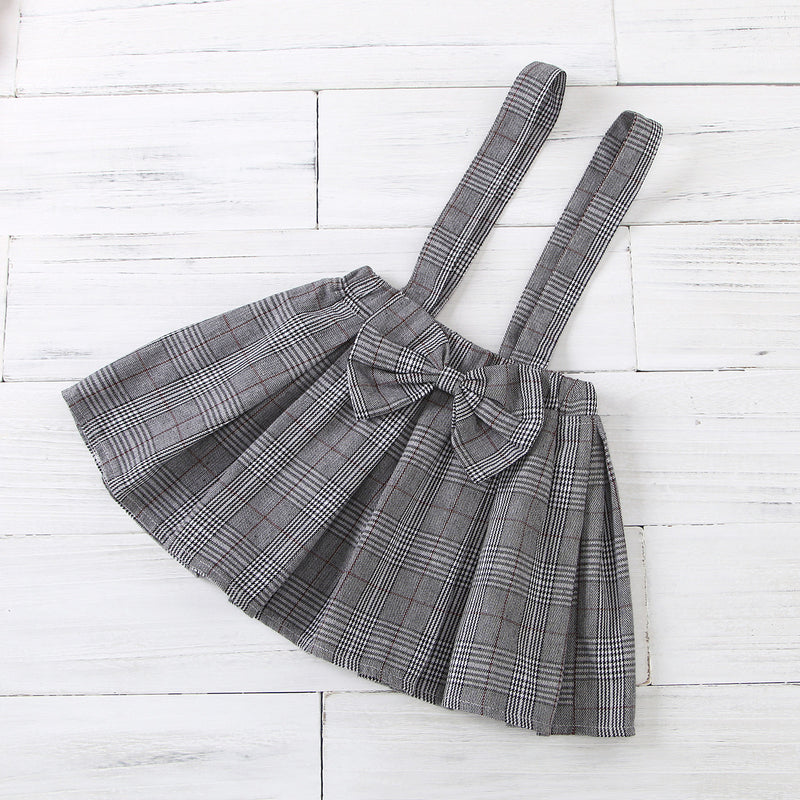 Toddler Kids Girls' Solid Color Knitted Top Plaid Strap Bow Lace Suit - PrettyKid