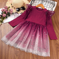 Toddler Kids Girls Gradient Star Mesh Long Sleeve Dress - PrettyKid