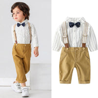 Toddler Boys Striped Long Sleeved Shirt Strap Pants Set - PrettyKid