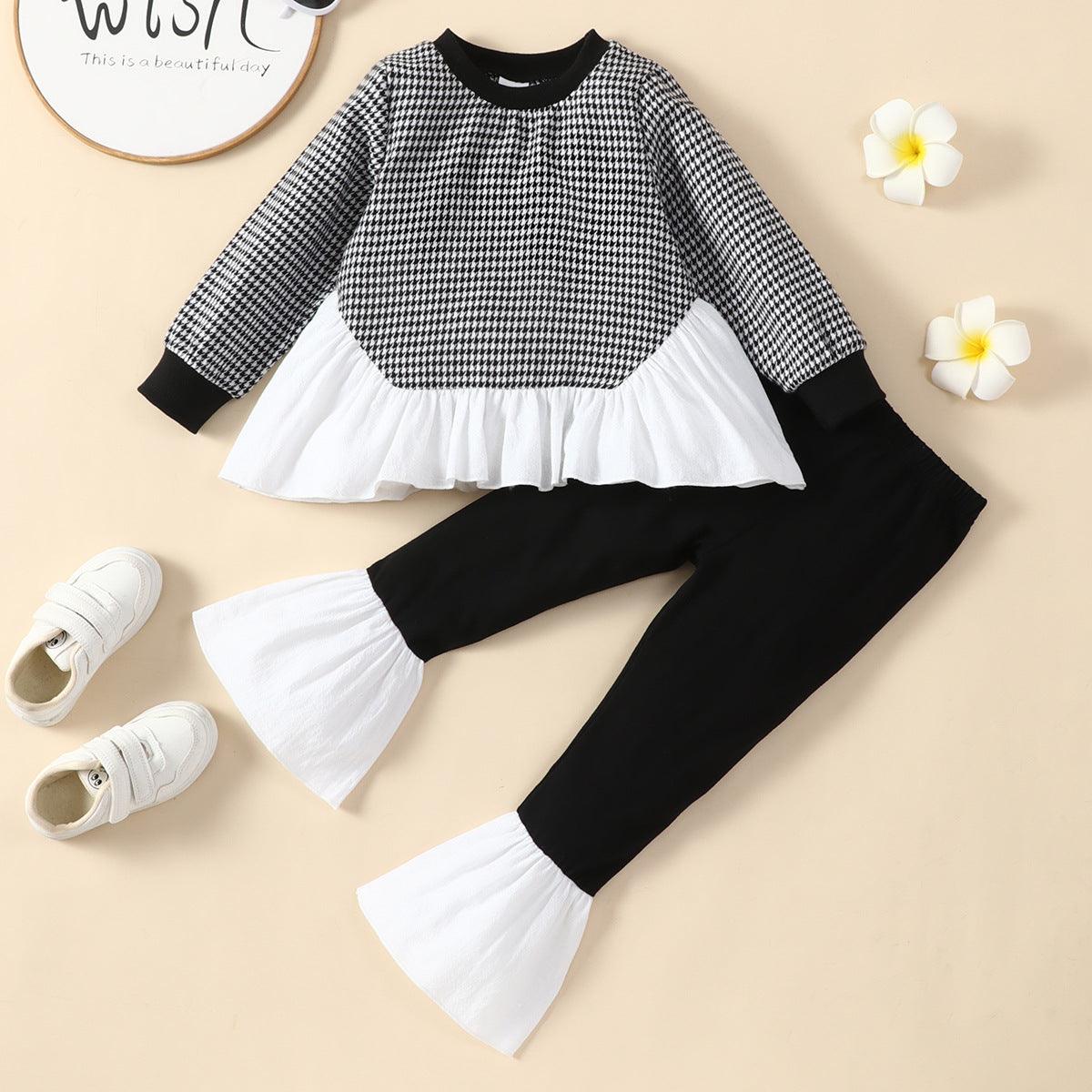 Toddler Kids Girls' Long Sleeved Bird Check Ruffle Top Black Trousers Set - PrettyKid