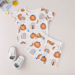 Toddler Kids Boys Girls Summer Solid Color Cartoon Print Round Neck Short Sleeve T-shirt Shorts Set - PrettyKid