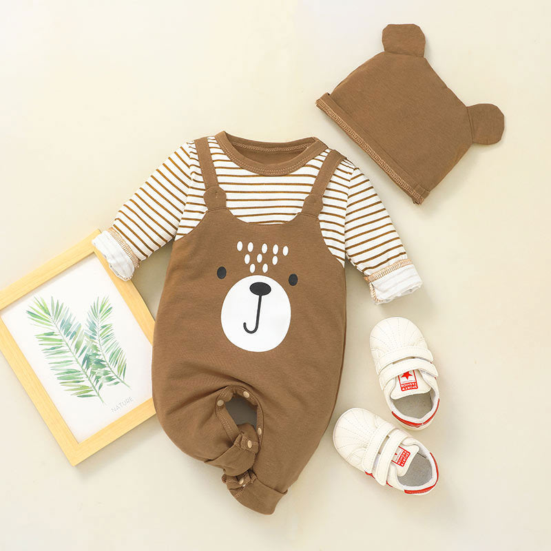 Baby Boys Long Sleeve Striped Cute Bear One-piece Suit Hat Set - PrettyKid